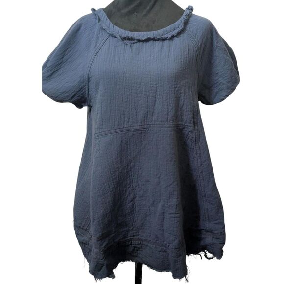 Free People We The Free Raw Edge Tunic Top S Navy Blue Crushed Cotton Swing - Picture 1 of 7